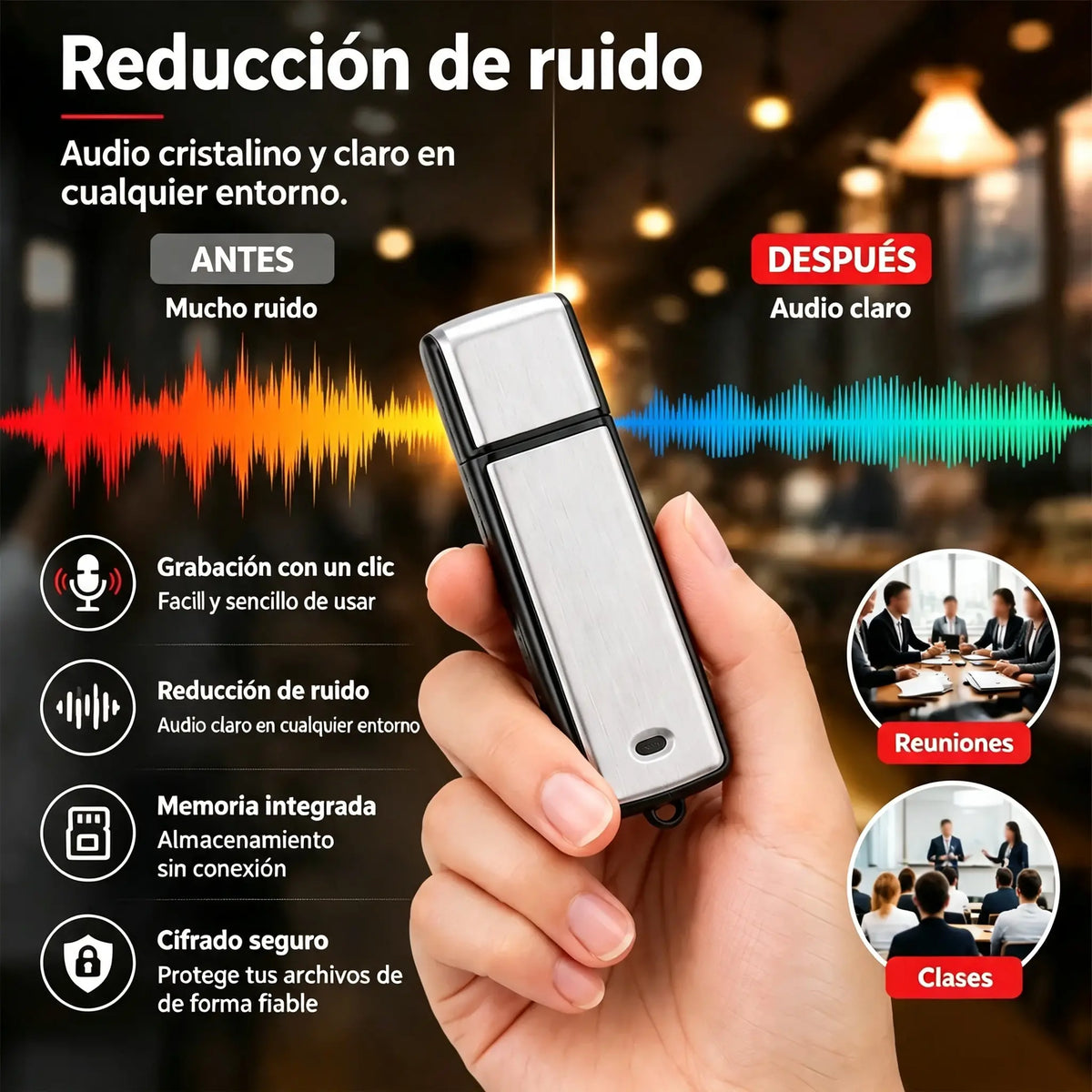 【8/16GB】Grabadora de voz USB portátil de alta resolución con reducción de ruido