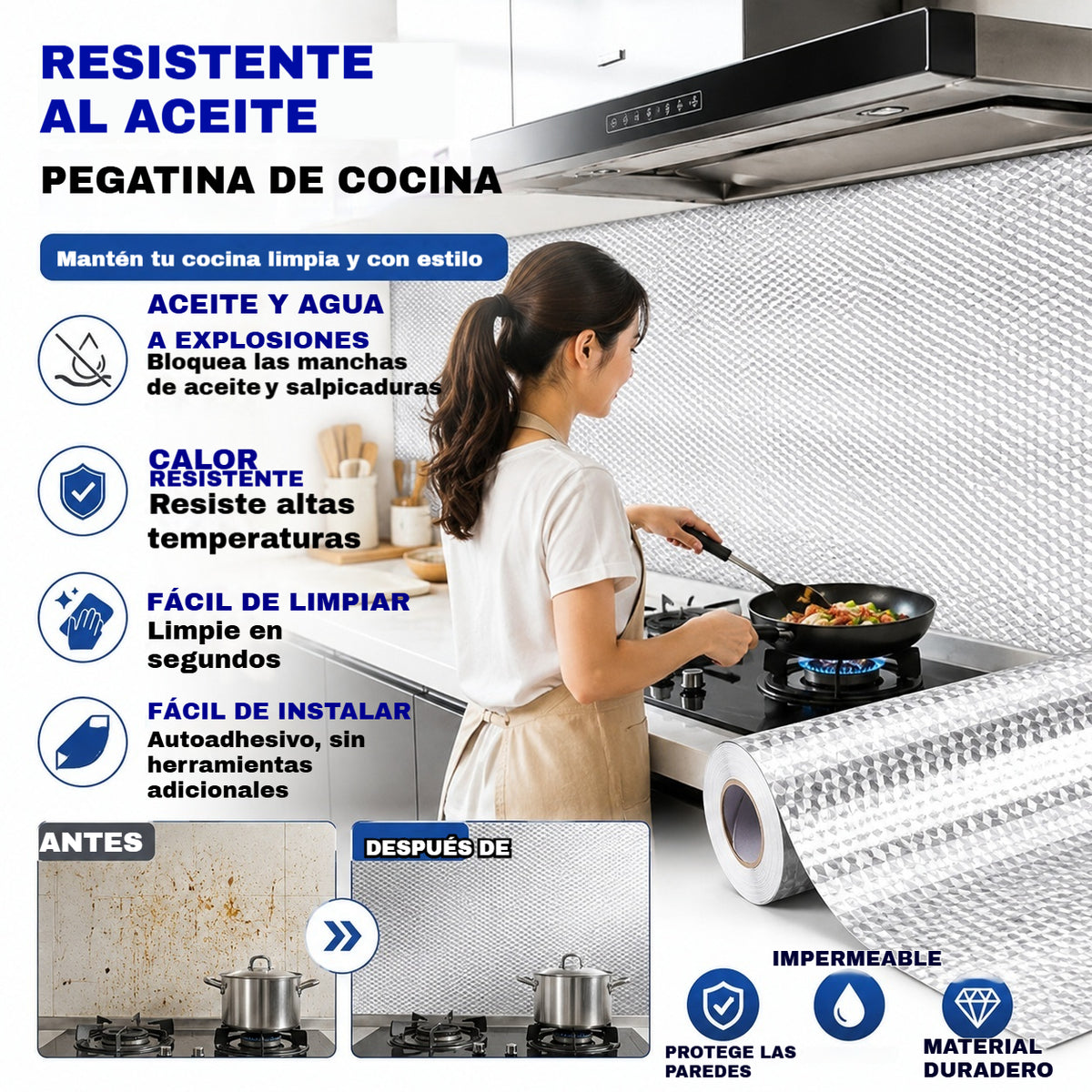 【30cm*10m】🛡️ Lámina Adhesiva de Aluminio Removible – Antigrasa, Resistente al Calor y Fácil de Limpiar