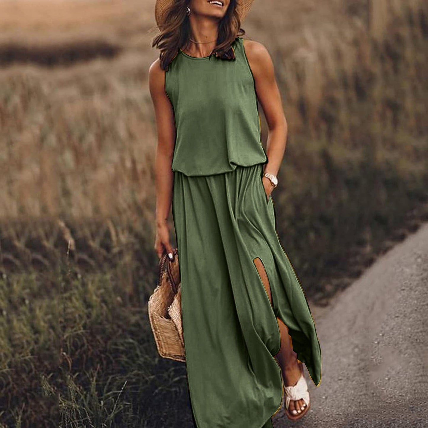 👗【S-4XL】Nuevo vestido de verano liso sin mangas con bajo asimétrico y abertura.✨