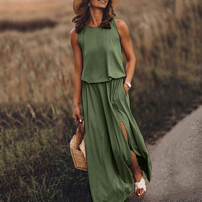 👗【S-4XL】Nuevo vestido de verano liso sin mangas con bajo asimétrico y abertura.✨