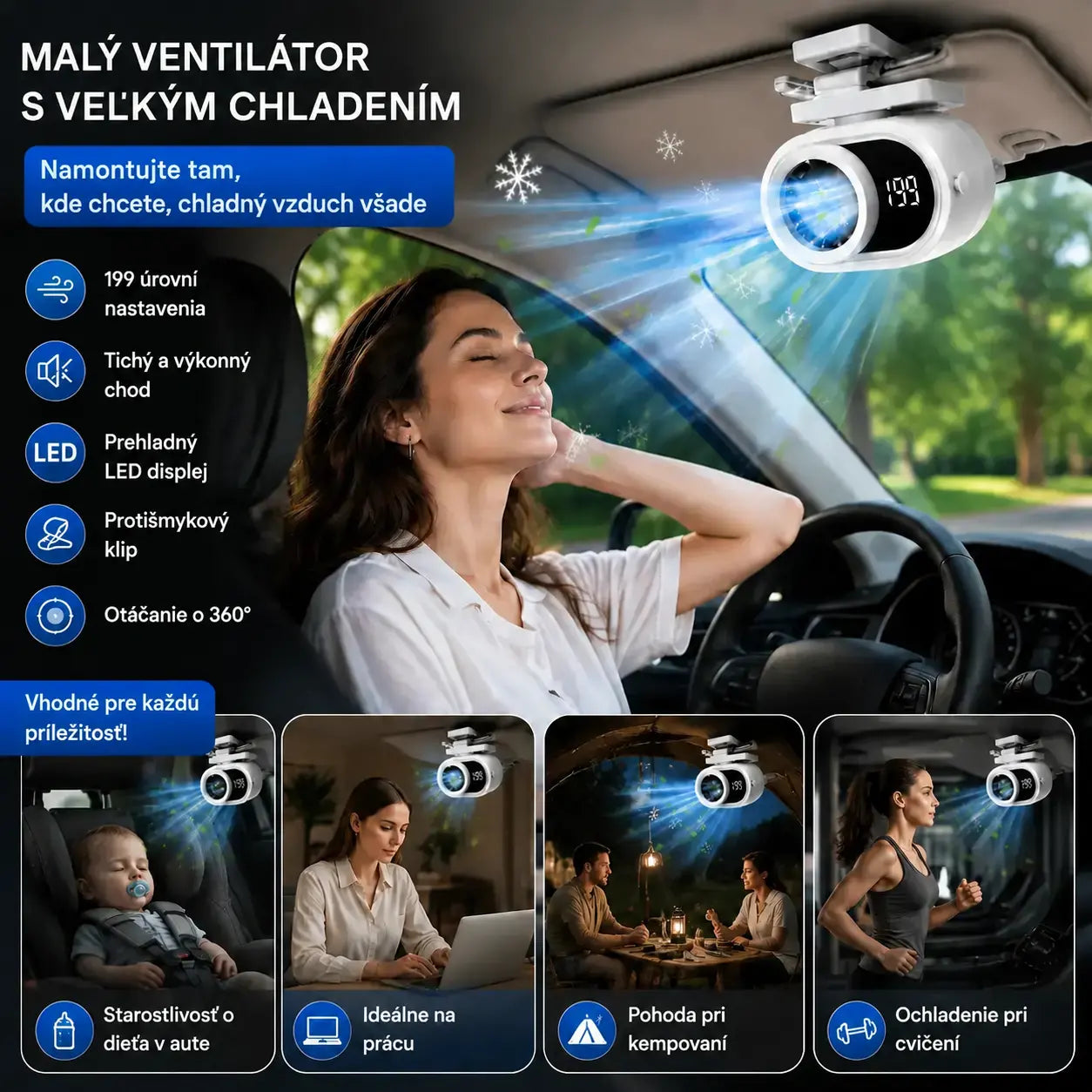 🌀 Hands-free ventilátor s LED displejom, vstavaným klipom a 199 nastaviteľnými úrovňami