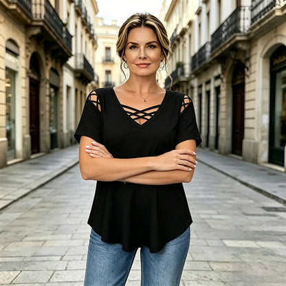 👚 Camiseta 100% algodón con cuello en V, diseño cruzado y aberturas | Moderna y transpirable