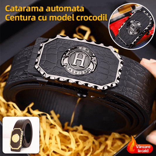 🔥Vânzare excelentă🔥Curea bărbătească cu cataramă automată din oțel inoxidabil, cataramă interioară cu model din piele naturală 