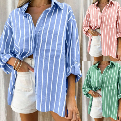 【S-2XL】Camisa de Rayas Oversize con Cuello Solapa - Estilo Relajado y Elegante