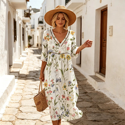 👗【Výpredaj na konci sezóny】Letné bavlnené ľanové šaty s potlačou, dlhé, s výstrihom do V (S-3XL)