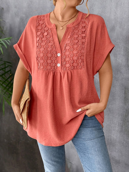 🌸✨ [L-5XL] Nueva camiseta de manga corta con ribete de encaje - Cuello en V 👚💖
