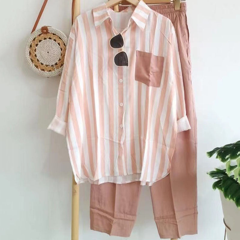 50% de descuento【S-5XL】Nuevo traje a rayas, elegante e informal, camiseta de manga larga + pantalón
