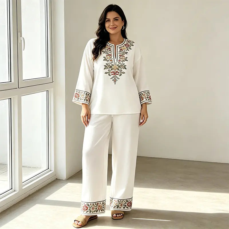 👒 Conjunto de Verano de Lino para Mujer de 2 Piezas: Blusa Holgada con Estampado Floral y Pantaloni Anchos – Tejido Suave, Transpirable y Respetuoso con la Piel 🌸✨