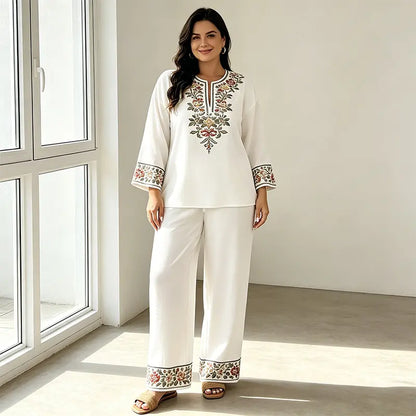 👒 Conjunto de Verano de Lino para Mujer de 2 Piezas: Blusa Holgada con Estampado Floral y Pantaloni Anchos – Tejido Suave, Transpirable y Respetuoso con la Piel 🌸✨