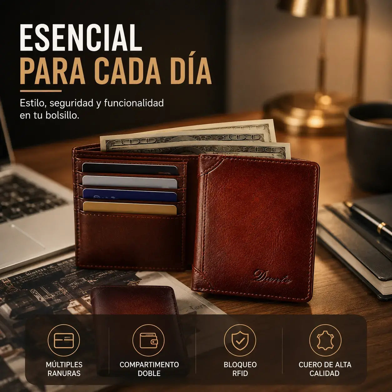 ✨ Cartera de cuero genuino para hombre con protección RFID, compacta y elegante