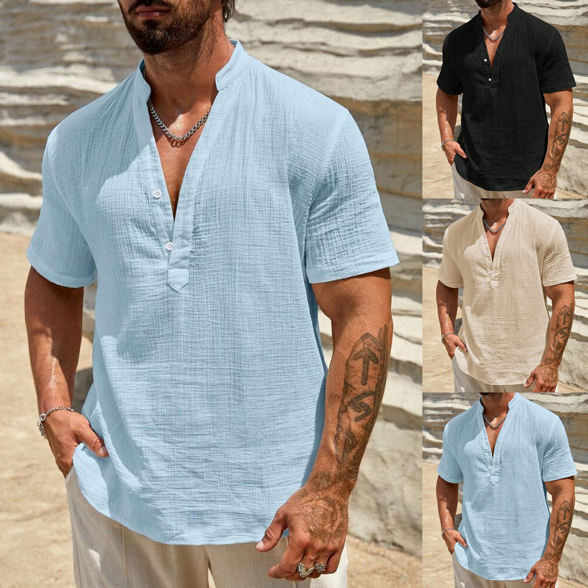 🔥🔥【S-3XL】Nueva camiseta de cuello en V de algodón elástico para hombre