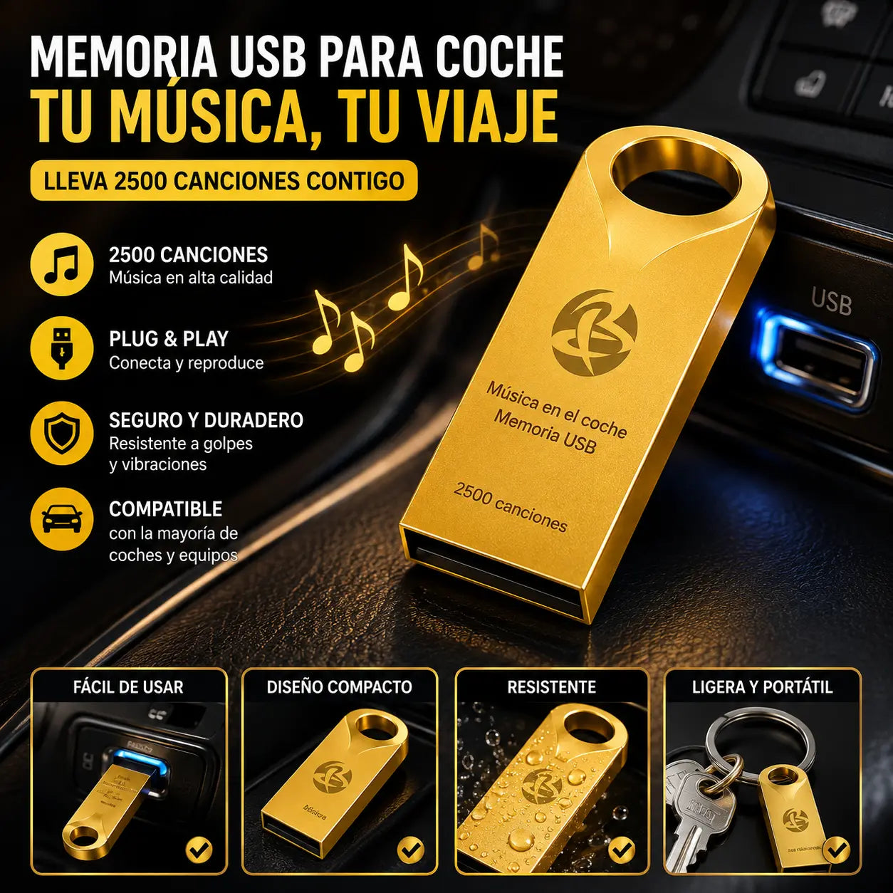 🔥🔥【32 GB】Memoria USB universal de alta calidad para música en coches【2500 canciones populares + 100 vídeos】