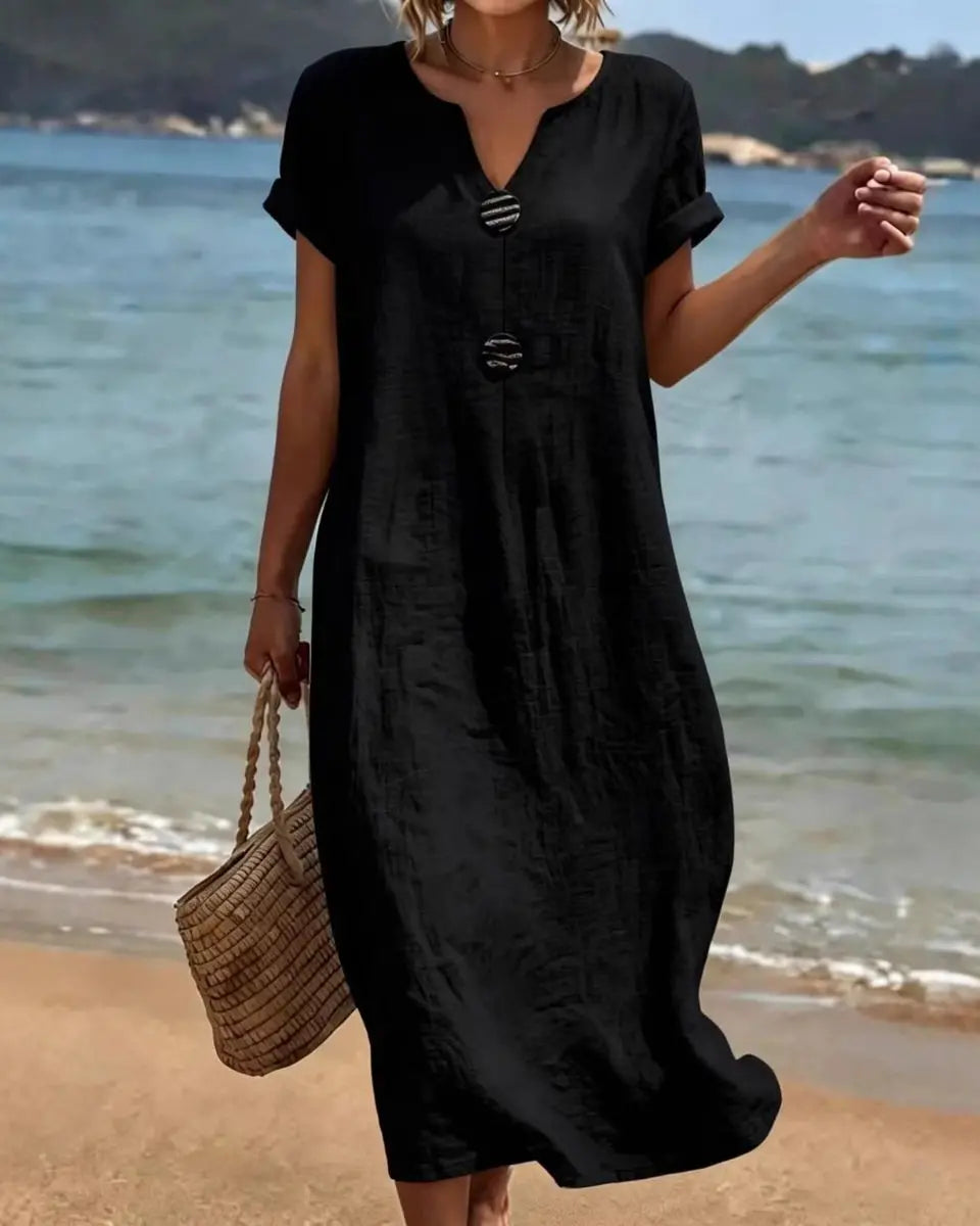 👗Letné šaty zo zmesi ľanu a bavlny | Voľný strih, lichotivé a zoštíhľujúce, ľahké a priedušné, elegantné a pohodlné, vhodné na celodenné nosenie. 【S-3XL】