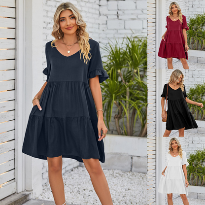 💕2026 Novedades de verano👗【S-3XL】Vestido informal de tres capas con escote en V y pliegues.