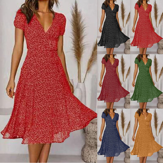 🌸【S-3XL】Rochie florală de primăvară-vară 2024, cu decolteu în V și mâneci scurte 