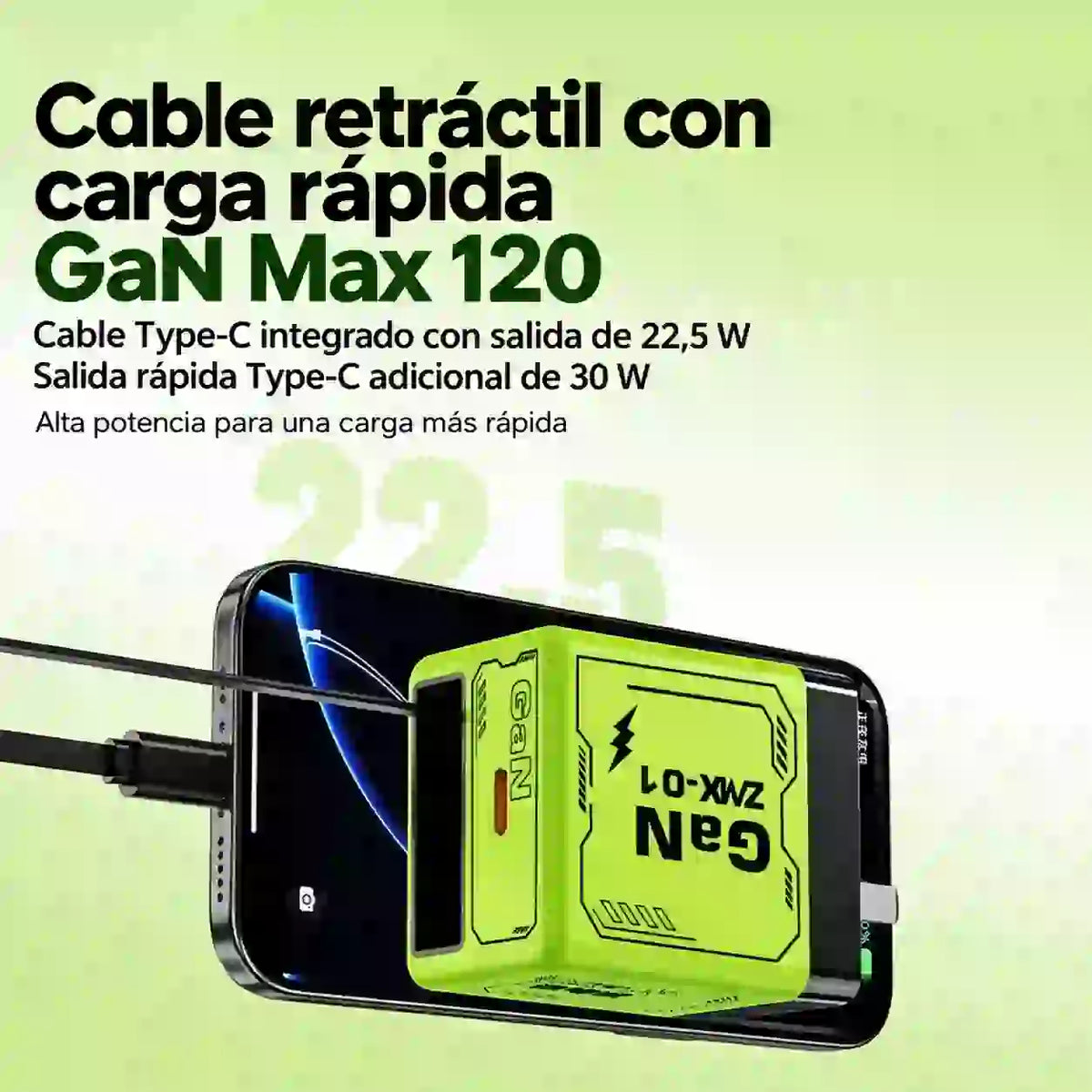 ⚡ Cargador de pared GaN 2 en 1 con cable retráctil 🔋