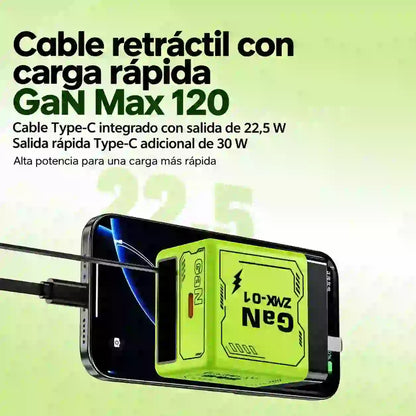 ⚡ Cargador de pared GaN 2 en 1 con cable retráctil 🔋