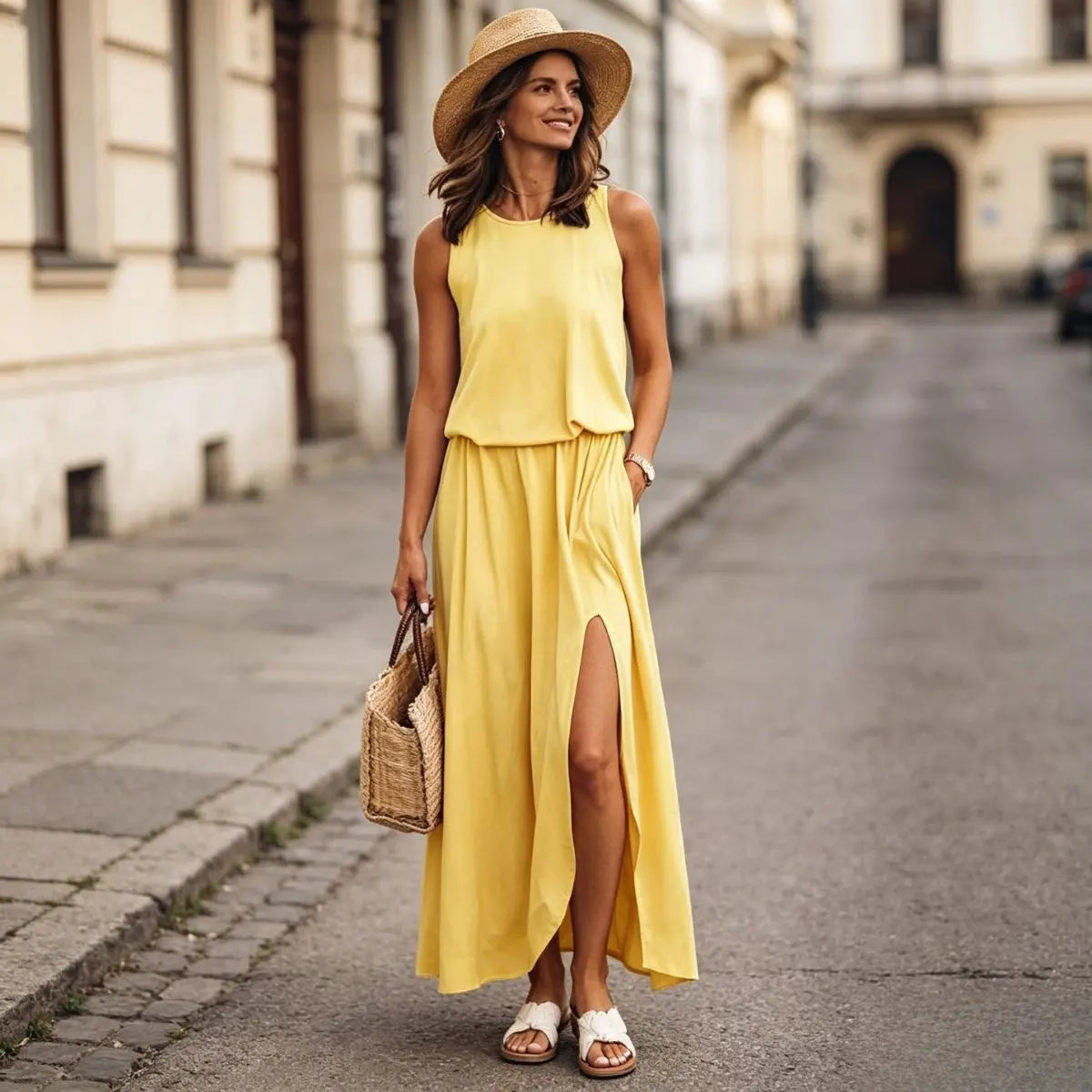 👗【S-4XL】Nuevo vestido de verano liso sin mangas con bajo asimétrico y abertura.✨