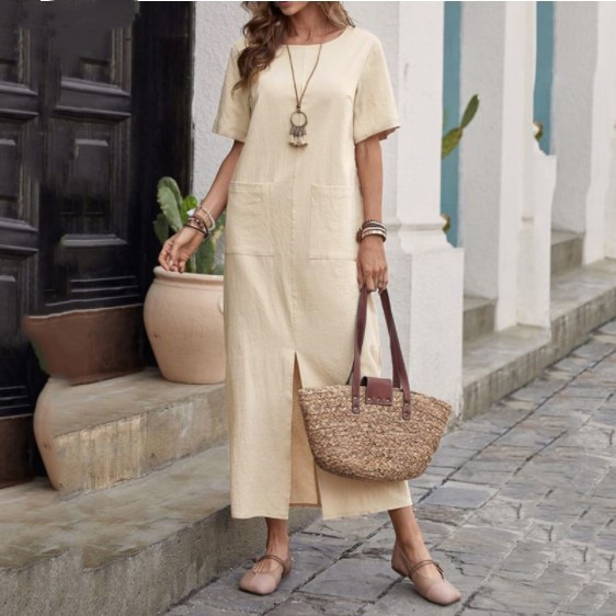 【S-5XL】Vestido Largo Casual de Algodón y Lino con Bolsillos - Estilo Holgado y Fresco