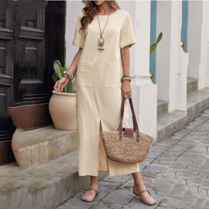 【S-5XL】Vestido Largo Casual de Algodón y Lino con Bolsillos - Estilo Holgado y Fresco