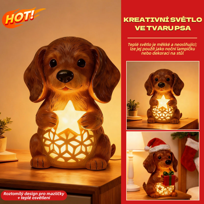 🎄🐶💡🔥Estatua de perro con luz navideña, adorno de gorro navideño, caja de regalo luminosa, regalo navideño de resina