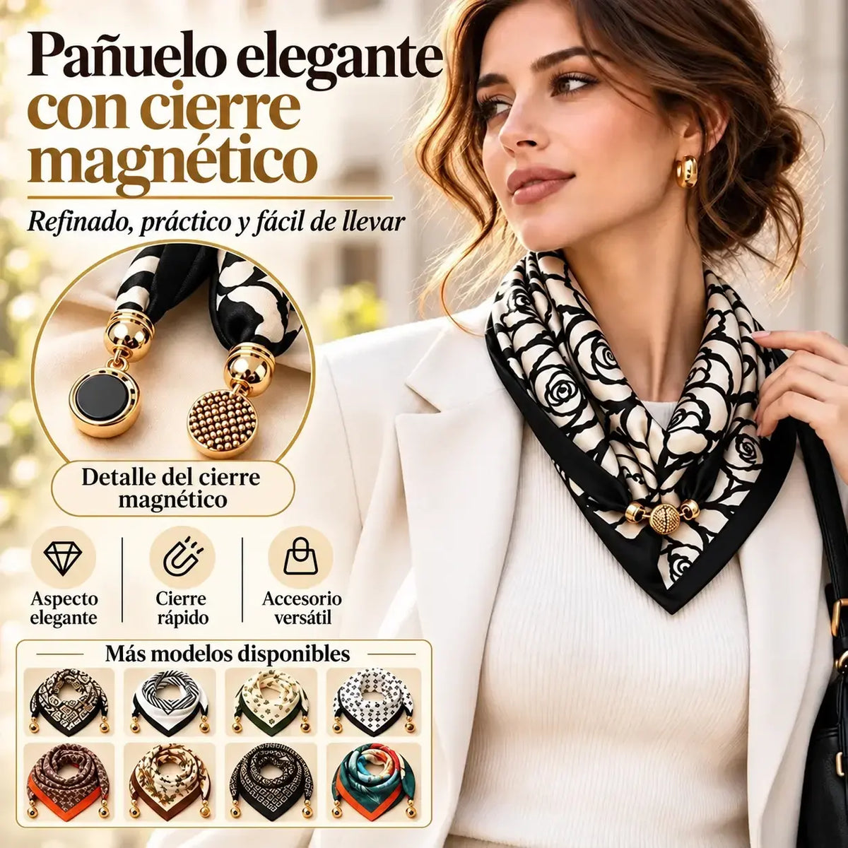 ✨【Pack de 4】Pañuelos elegantes para mujer con cierre magnético – Estampados, fáciles de poner y sin necesidad de hacer nudos