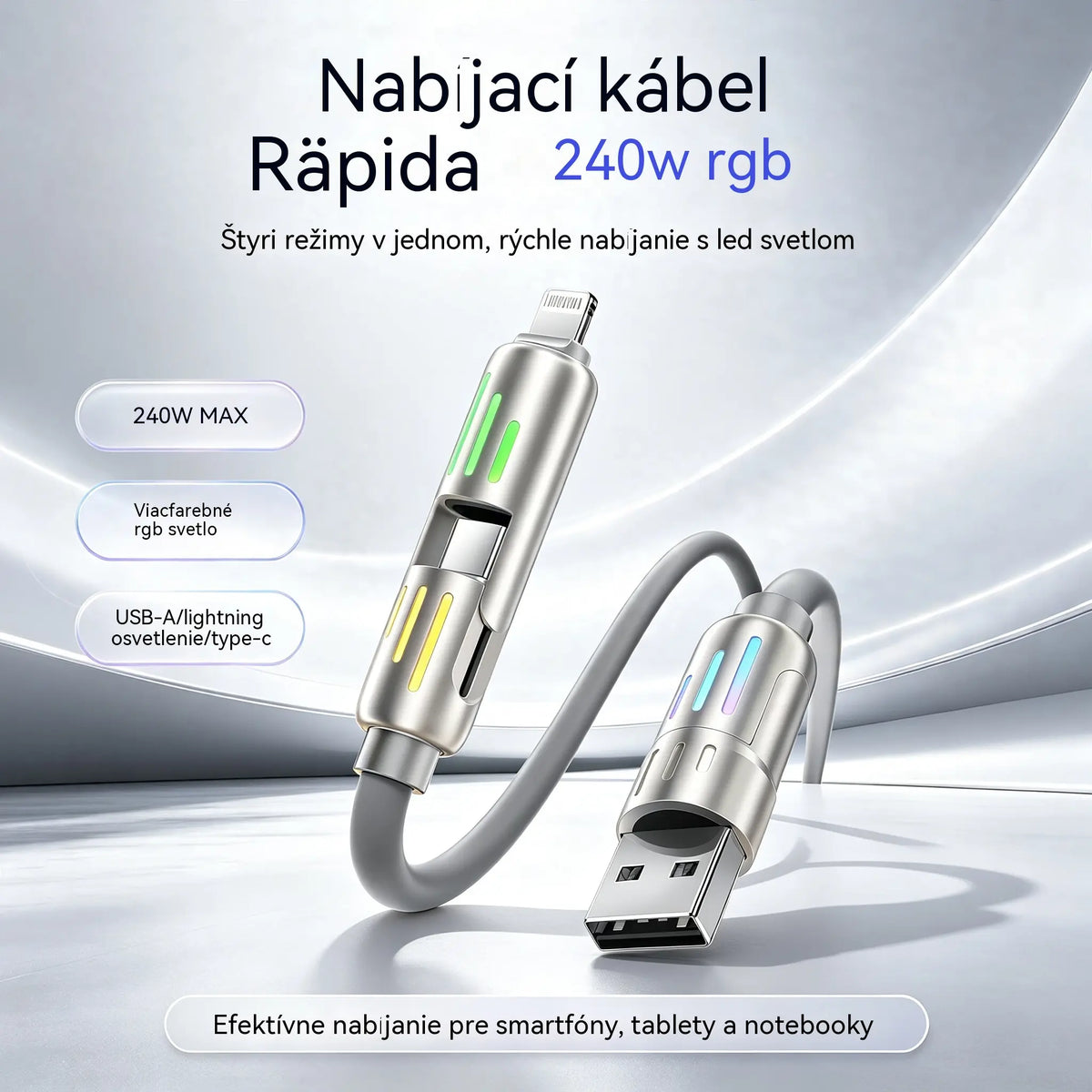 🔥 【2 kusy za 22 eur】 🔥 (dĺžka 2 metre) Kábel 4 v 1 PD 240 W – rýchle nabíjanie cez USB‑C, Lightning a USB‑A, hliník a silikón, synchronizácia dát ⚡📱