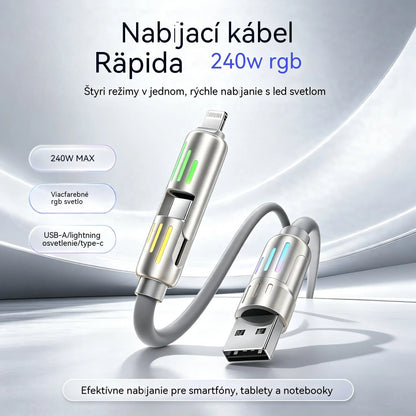🔥 【2 kusy za 22 eur】 🔥 (dĺžka 2 metre) Kábel 4 v 1 PD 240 W – rýchle nabíjanie cez USB‑C, Lightning a USB‑A, hliník a silikón, synchronizácia dát ⚡📱