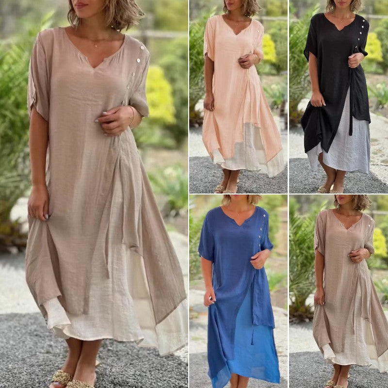 💐💐【S-4XL】Vestido de algodón de dos piezas irregular con cuello en V, vestido largo
