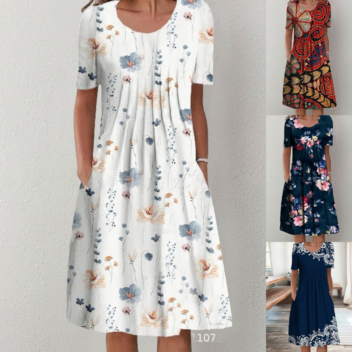 【50% popusta】【Veličine S-5XL】🌺🌺 Moderna haljina s okruglim izrezom i printom.