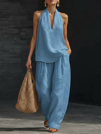 ¡Novedad de verano! 😍 Nuevo conjunto moderno de dos piezas para mujer 2026: top sin mangas con pantalones de pernera ancha — lleno de aire veraniego, casual y a la moda.