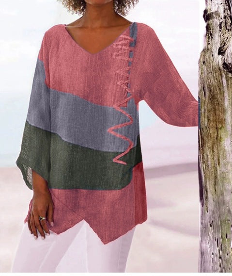 ⏳ Último día - 50% de descuento 😍【S~5XL】Elegante top casual para mujer con cuello en V y mangas largas, estampado artístico