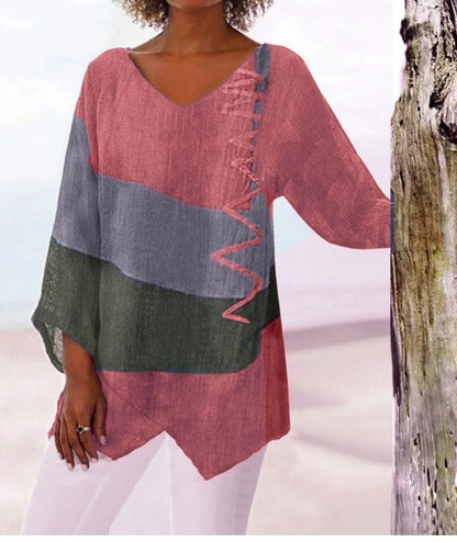 ⏳ Último día - 50% de descuento 😍【S~5XL】Elegante top casual para mujer con cuello en V y mangas largas, estampado artístico
