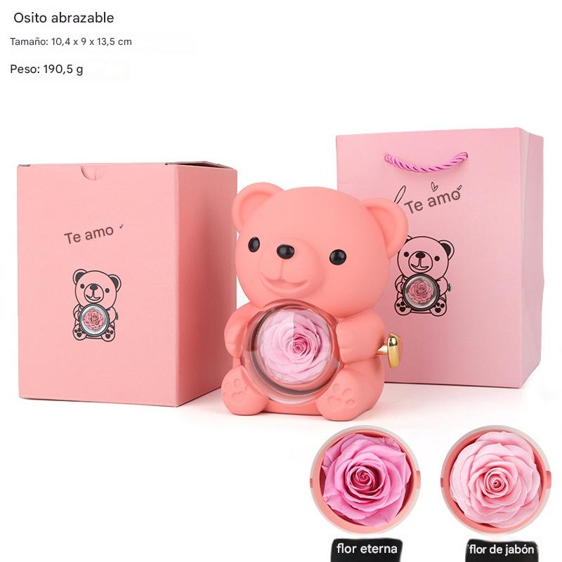 ✨Adorable osito de peluche con rosa preservada - Osito de peluche decorado con una rosa real, en una hermosa caja de regalo - Regalo romántico para el Día de la Madre, bodas, aniversarios, despedidas de soltera, Navidad y San Valentín.