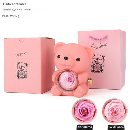 ✨Adorable osito de peluche con rosa preservada - Osito de peluche decorado con una rosa real, en una hermosa caja de regalo - Regalo romántico para el Día de la Madre, bodas, aniversarios, despedidas de soltera, Navidad y San Valentín.