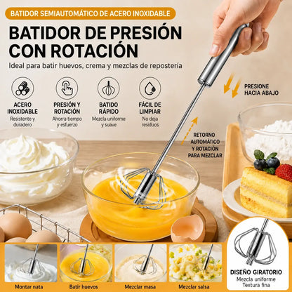 🥚 Compra 1 y llévate 1 GRATIS | Batidor semiautomático de acero inoxidable con sistema de presión y rotación