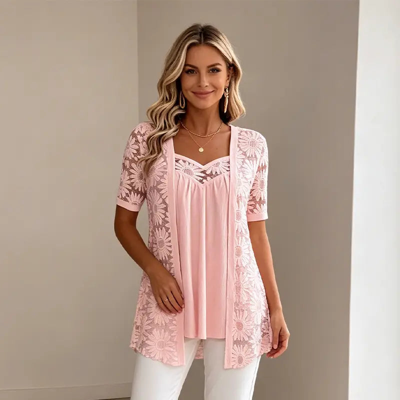 👚 Elegantný sieťovaný top 2 v 1 s čipkou – tvarujúci a upravujúci bruško, dostupný v 5 farbách, veľkostiach S – 4XL! 🌸✨