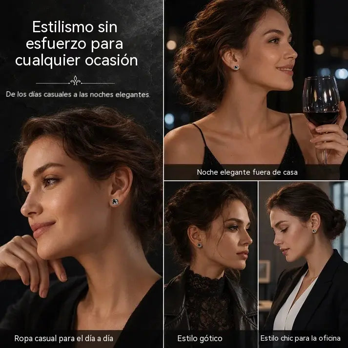 ✨1 par de pendientes de botón redondos en tono plateado con diseño de enredadera gótica y circonita cúbica negra.