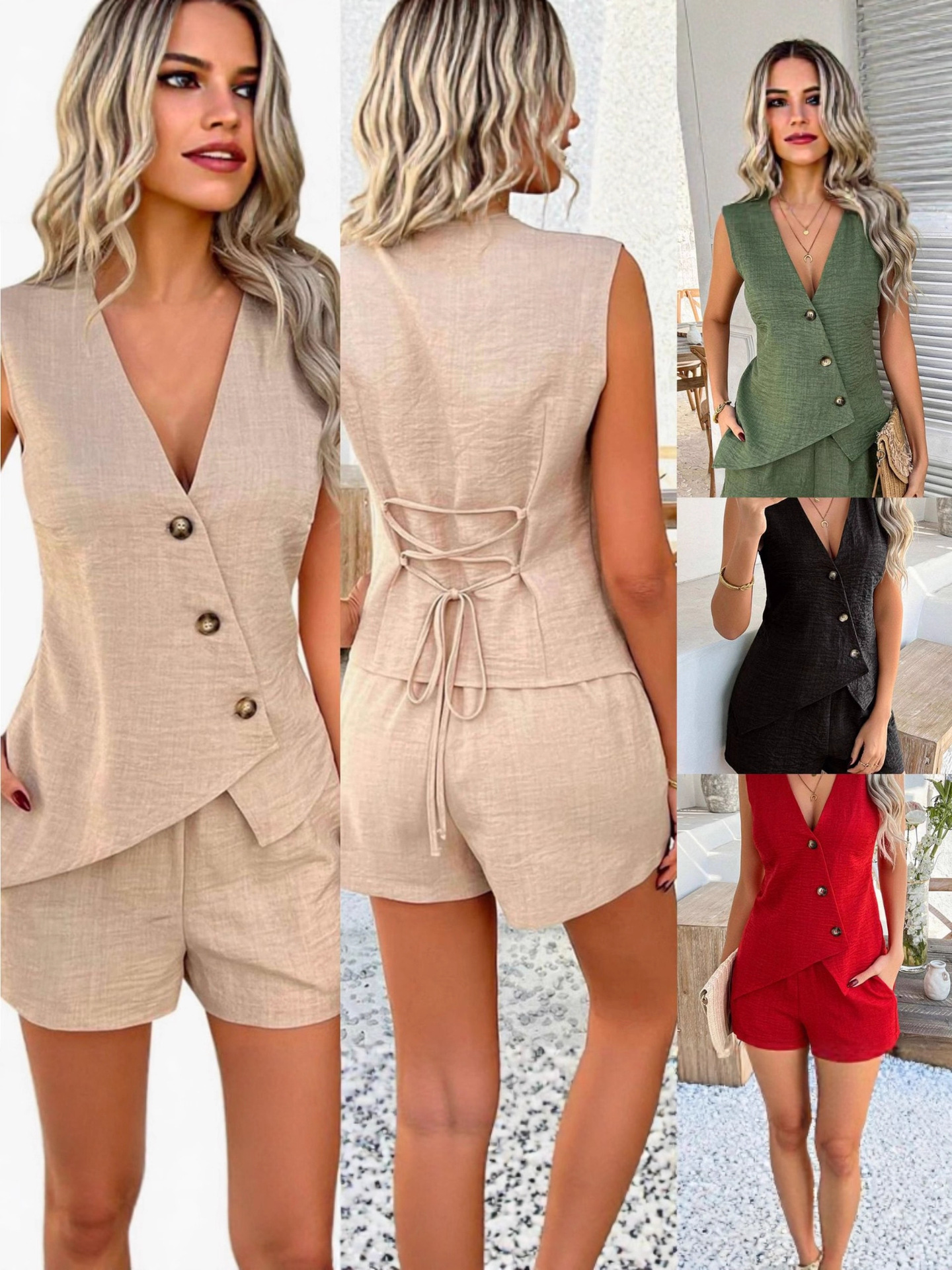 【S-2XL】Conjunto de Verano Chic: Chaleco Irregular y Pantalones Cortos con Cuello en V
