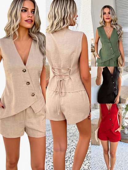 【S-2XL】Conjunto de Verano Chic: Chaleco Irregular y Pantalones Cortos con Cuello en V
