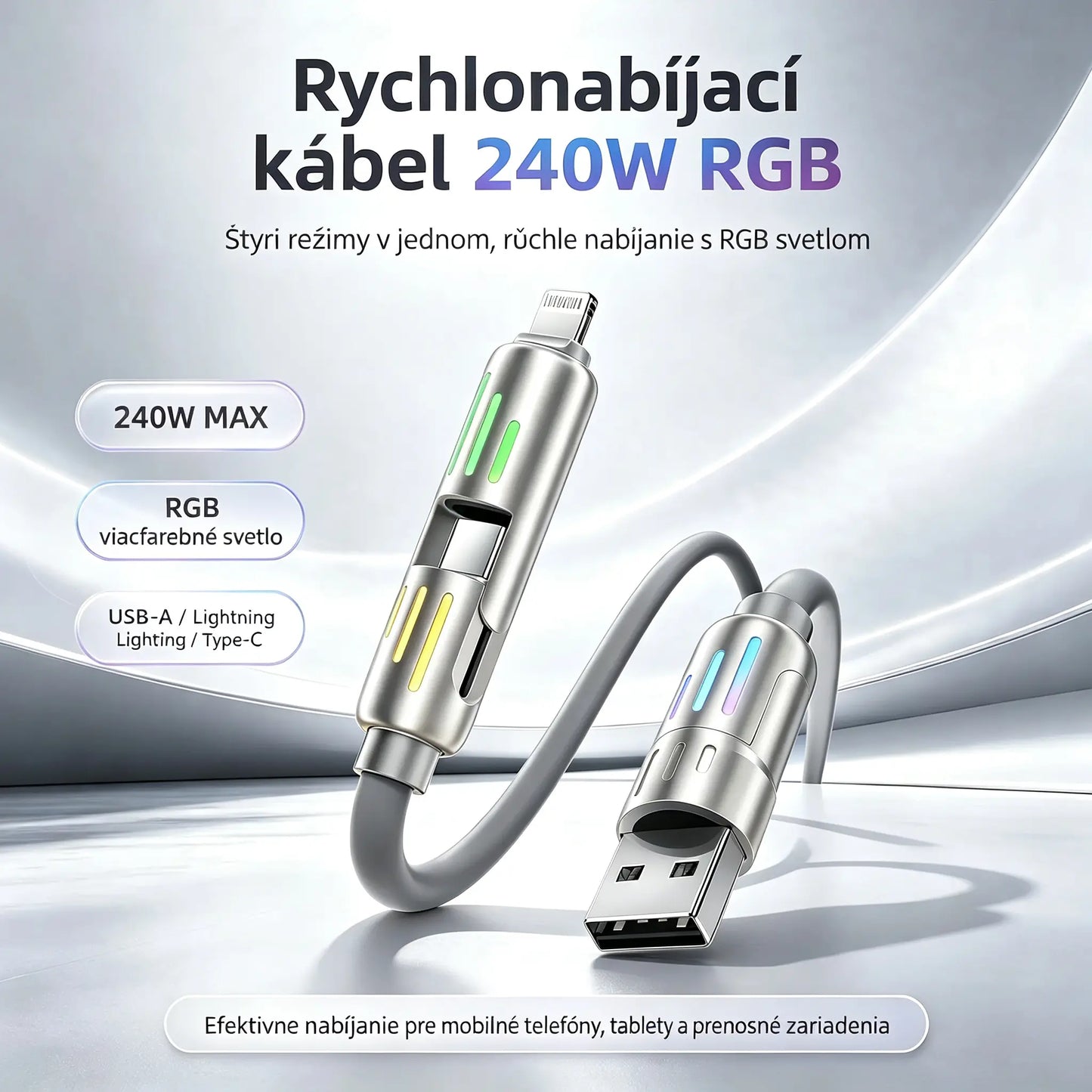 🔥 【2 kusy za 22 €】 🔥 (2 metre dlhý) 4-v-1 PD 240W kábel – rýchle nabíjanie (USB‑C, Lightning a USB‑A), hliník a silikón, synchronizácia dát ⚡📱