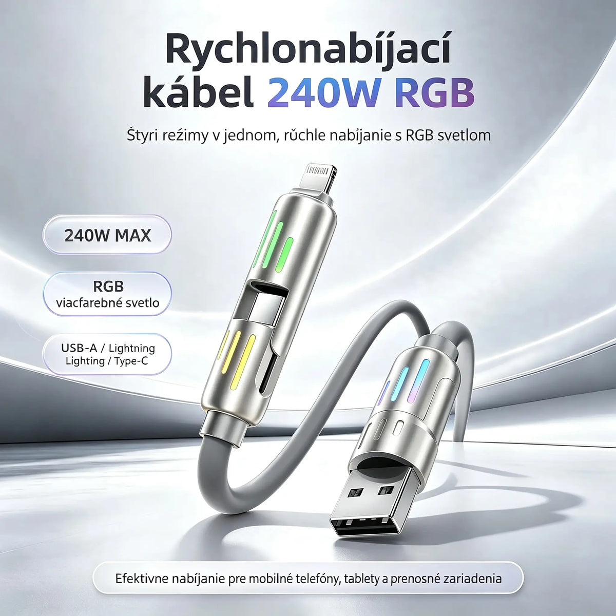 🔥 【2 kusy za 22 €】 🔥 (2 metre dlhý) 4-v-1 PD 240W kábel – rýchle nabíjanie (USB‑C, Lightning a USB‑A), hliník a silikón, synchronizácia dát ⚡📱