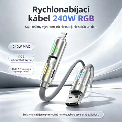 🔥 【2 kusy za 22 €】 🔥 (2 metre dlhý) 4-v-1 PD 240W kábel – rýchle nabíjanie (USB‑C, Lightning a USB‑A), hliník a silikón, synchronizácia dát ⚡📱