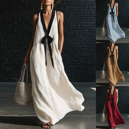 ✨【S-3XL】Vestido sin mangas de algodón y lino cómodo para mujer con diseño de lazo