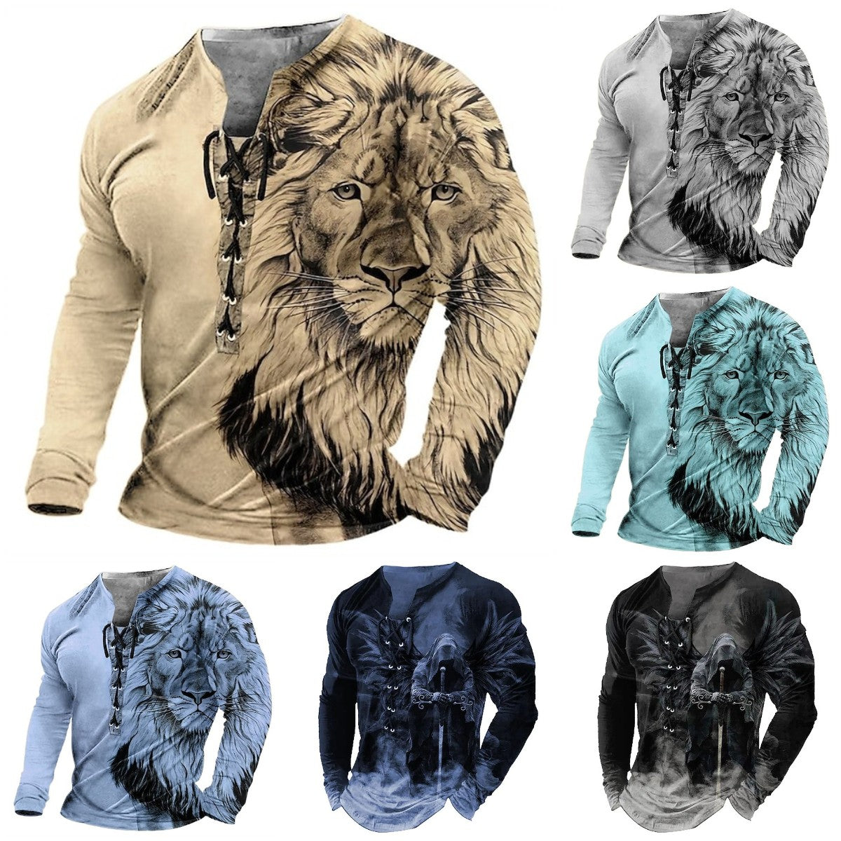 💖✨👔【S-4XL】Męska koszulka casualowa z długimi rękawami i nadrukiem 3D lwa