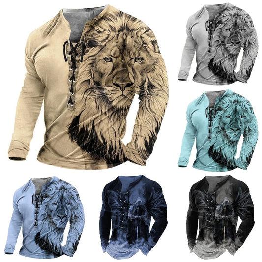 💖✨👔【S-4XL】Męska koszulka casualowa z długimi rękawami i nadrukiem 3D lwa