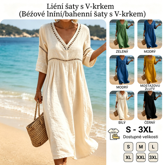 👗【S-3XL】Letní módní bavlněno-lněné šaty s výstřihem do V, prodyšné, pohodlné a zeštíhlující