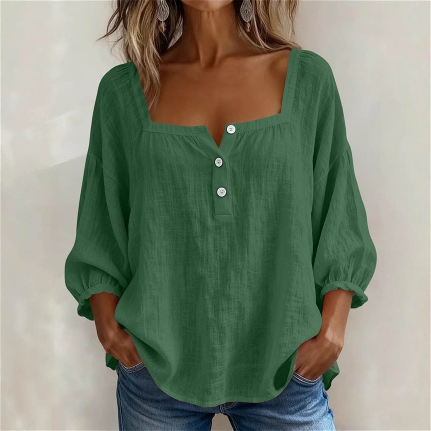 🌸【45-9G KG】Camisa Casual de Manga 3/4 para Mujer Blusa Elegante y Transpirable de Verano Top Holgado Color Liso