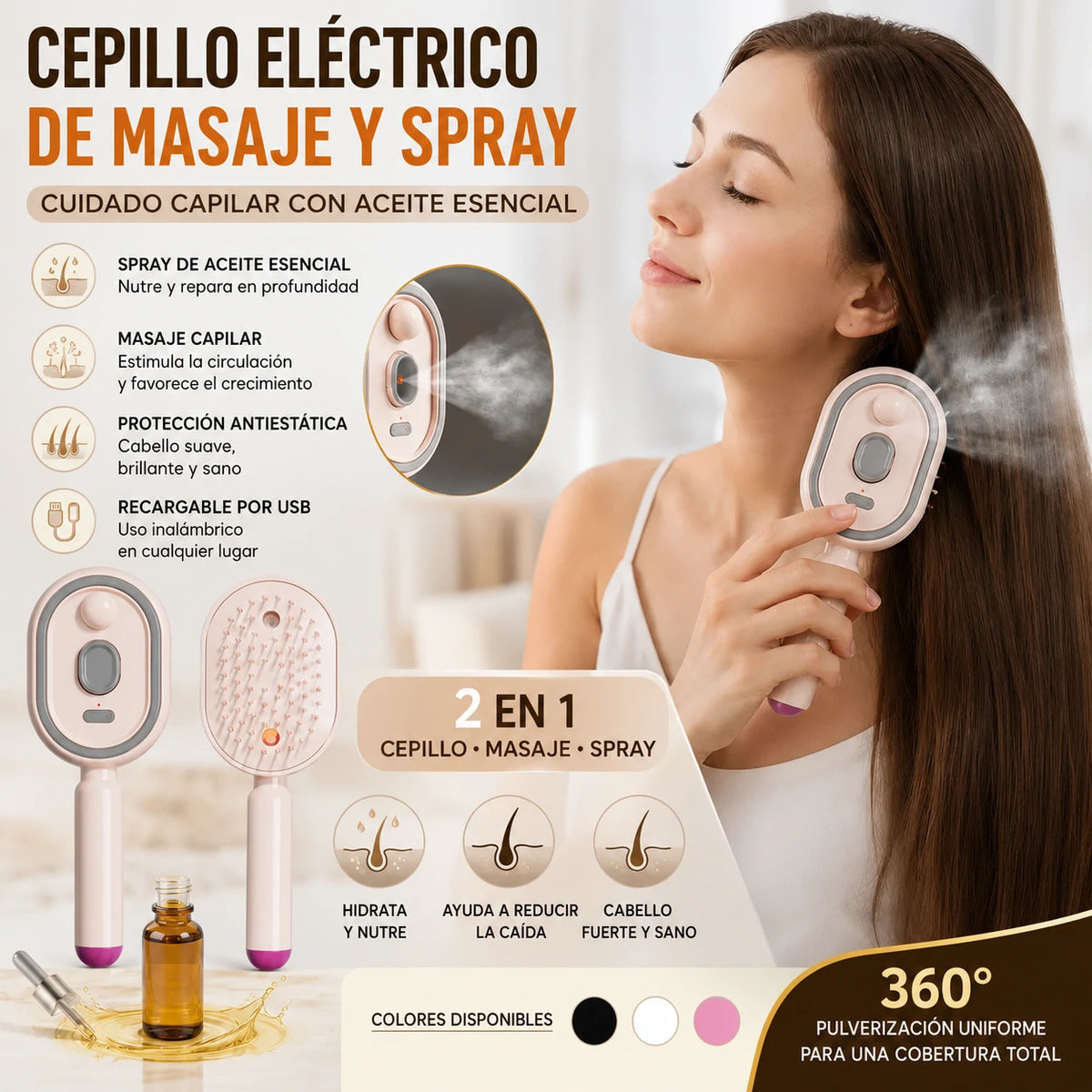 📢📢 ¡Oferta especial! ⏰ Peine eléctrico de masaje con pulverizador de aire y aceites esenciales, ideal para nutrir y rociar el cabello ✨🔥