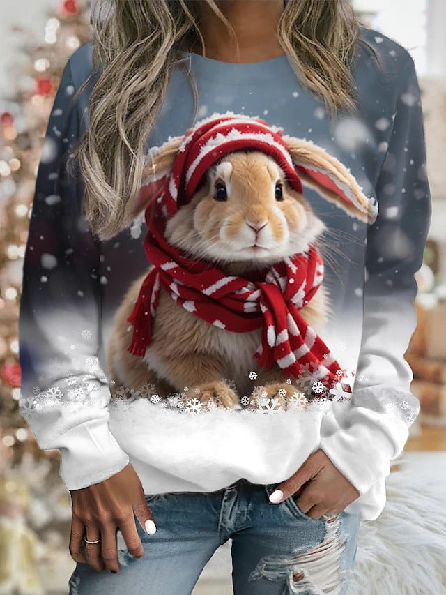 【Časovo obmedzená ponuka】 Roztomilý vianočný pulóver s okrúhlym výstrihom a potlačou zajačika a dlhým rukávom 🐇 (dámsky)